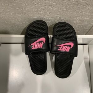 Nike Black Slides with Pink Swoosh Logo